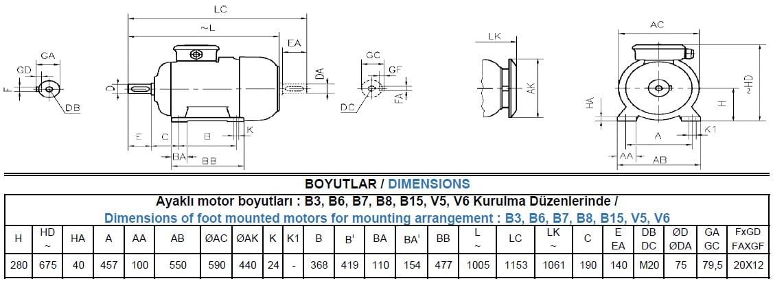 GM4E 280 M4B Gamak IE4 Döküm B3 Elektrik Motoru Ölçüleri