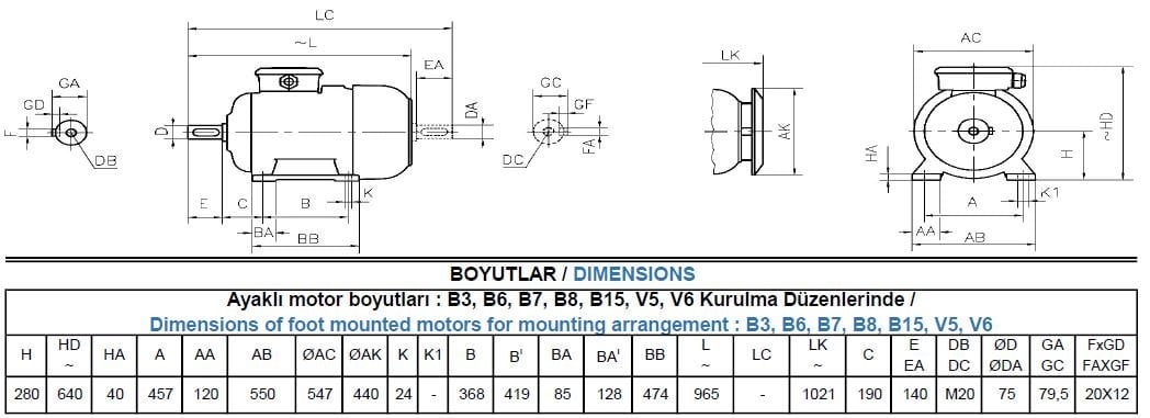 GM4E 280 S4A Gamak IE4 Döküm B3 Elektrik Motoru Ölçüleri