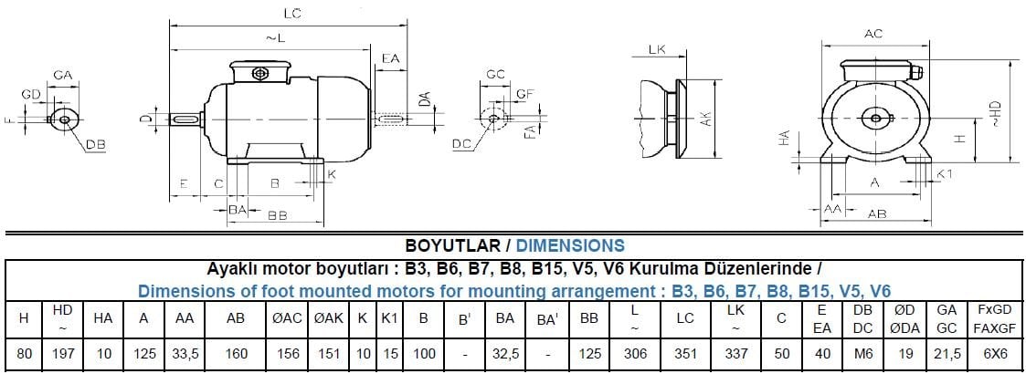 AGM2E 80 M6B Gamak IE2 Alüminyum B3 Elektrik Motoru Ölçüleri