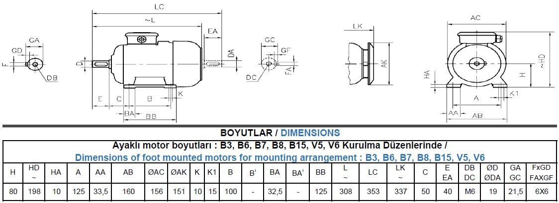 AGM3EL 80 M2A Gamak IE3 Alüminyum B3 Elektrik Motoru Ölçüleri