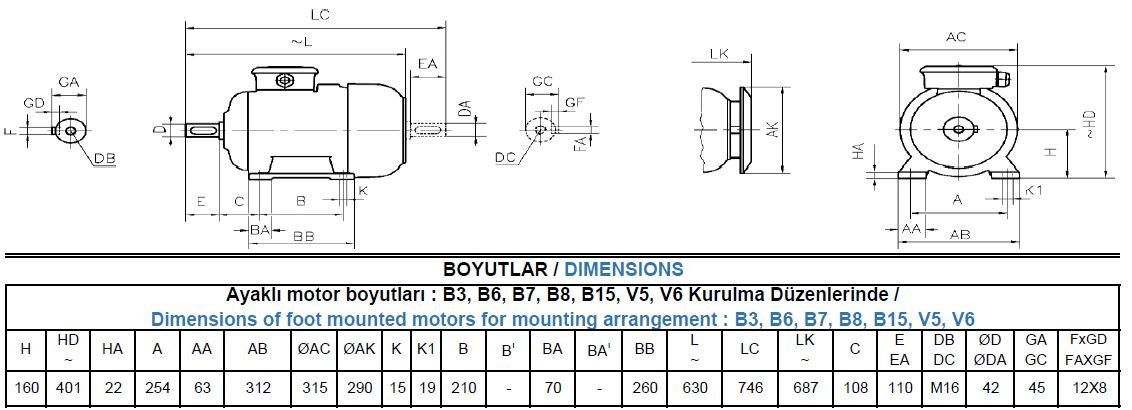 AGM3EL 160 M2A Gamak IE3 Alüminyum B3 Elektrik Motoru Ölçüleri