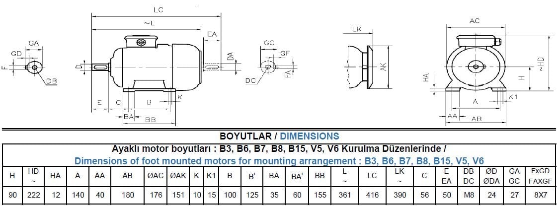 AGM3EL 90 L6A Gamak IE3 Alüminyum B3 Elektrik Motoru Ölçüleri