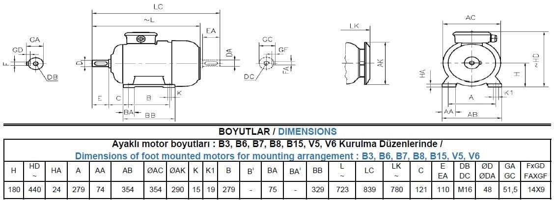 AGM3EL 180 L4B Gamak IE3 Alüminyum B3 Elektrik Motoru Ölçüleri
