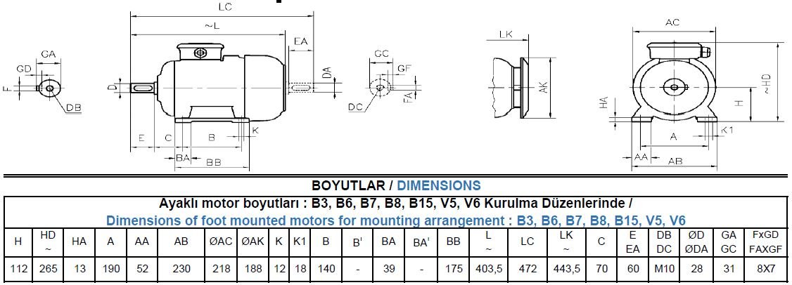 AGM3EL 112 M6A Gamak IE3 Alüminyum B3 Elektrik Motoru Ölçüleri
