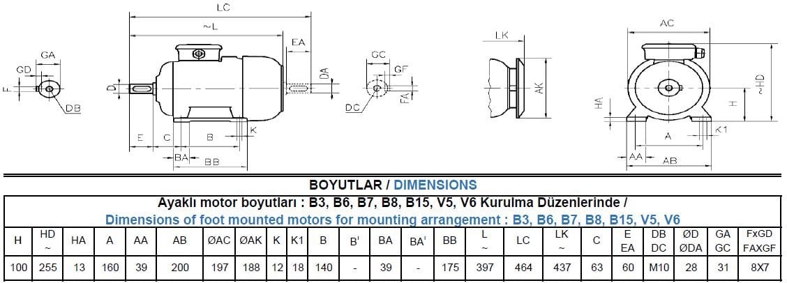 AGM3EL 100 L4A Gamak IE3 Alüminyum B3 Elektrik Motoru Ölçüleri