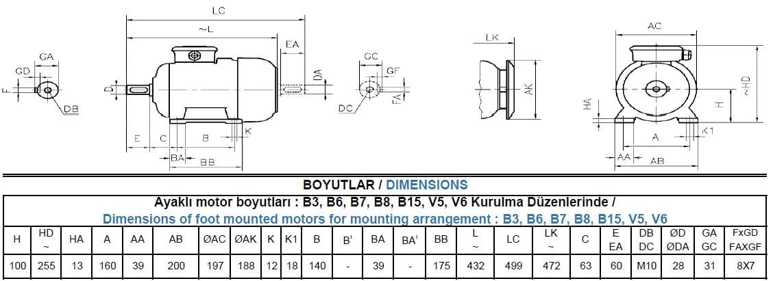 AGM3EL 100 H4B Gamak IE3 Alüminyum B3 Elektrik Motoru Ölçüleri