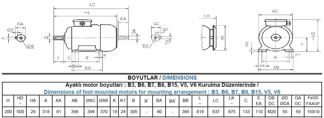 AGM3EL 200 L2A Gamak IE3 Alüminyum B3 Elektrik Motoru Ölçüleri
