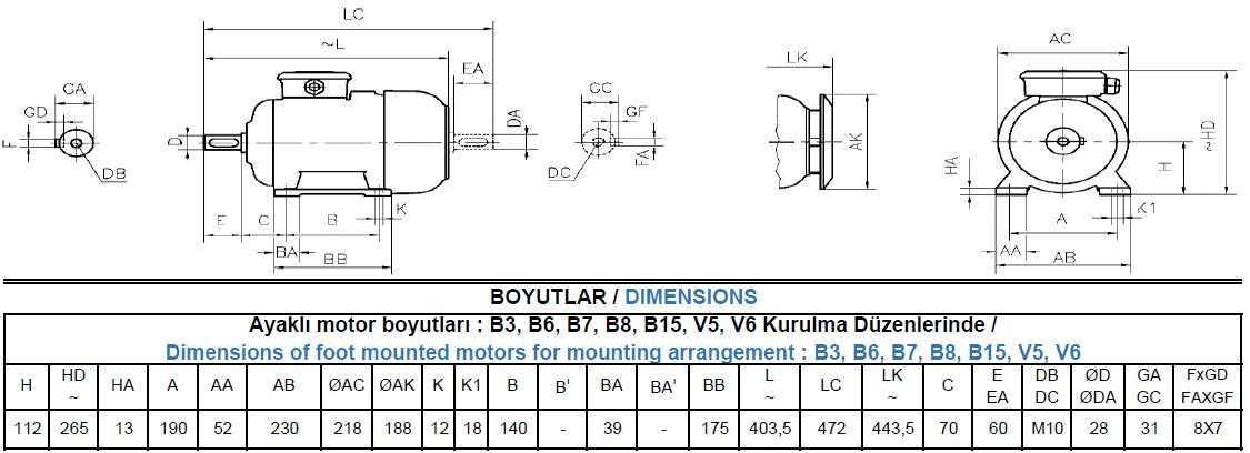 AGM3EL 112 M2A Gamak IE3 Alüminyum B3 Elektrik Motoru Ölçüleri