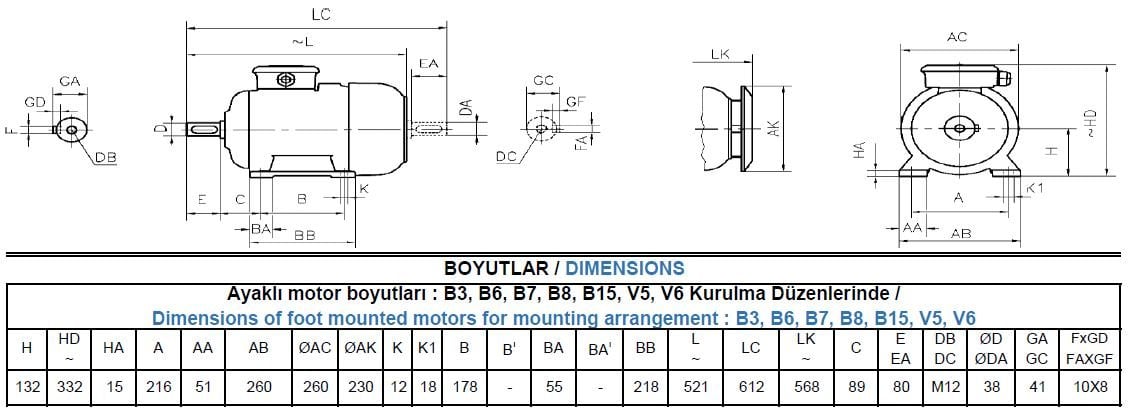 AGM3EL 132 M4B Gamak IE3 Alüminyum B3 Elektrik Motoru Ölçüleri