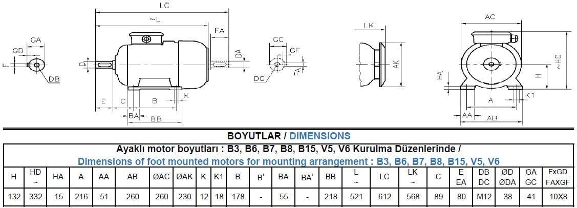 AGM3EL 132 M2B Gamak IE3 Alüminyum B3 Elektrik Motoru Ölçüleri