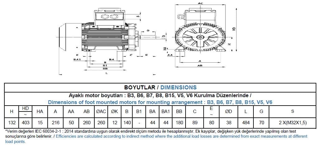 GG3EXD 132 S2A Gamak IE3 B3 Exproof Motor Ölçüleri