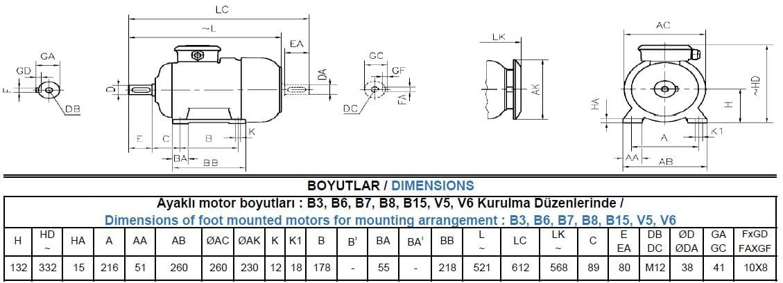 GM3EL 132 M4B Gamak IE3 Döküm B3 Elektrik Motoru Ölçüleri