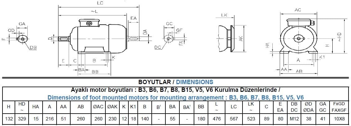GM3EL 132 S4A Gamak IE3 Döküm B3 Elektrik Motoru Ölçüleri