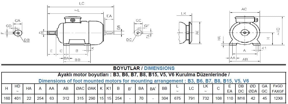 GM3EL 160 L4B Gamak IE3 Döküm B3 Elektrik Motoru Ölçüleri