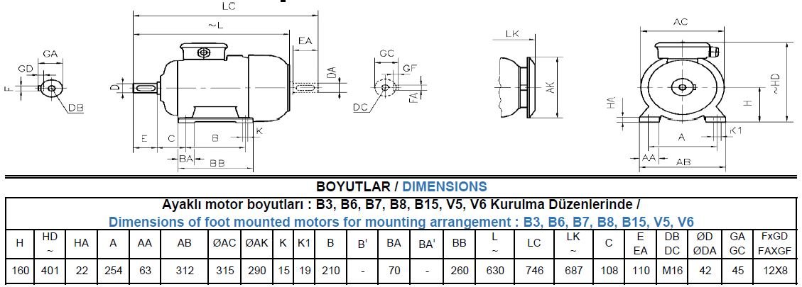 GM3EL 160 M4A Gamak IE3 Döküm B3 Elektrik Motoru Ölçüleri