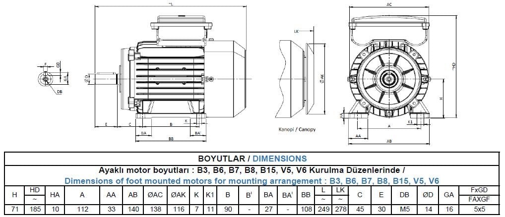 MS22D 71 M2A Gamak Alüminyum B3 Monofaze Elektrik Motoru Ölçüleri
