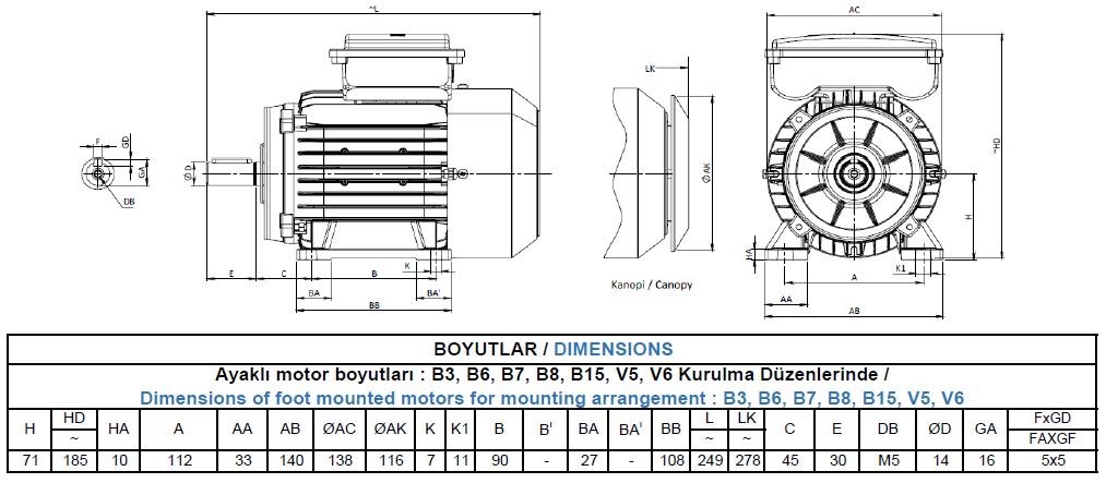 MS22D 71 M2A Gamak Alüminyum B3 Monofaze Elektrik Motoru Ölçüleri