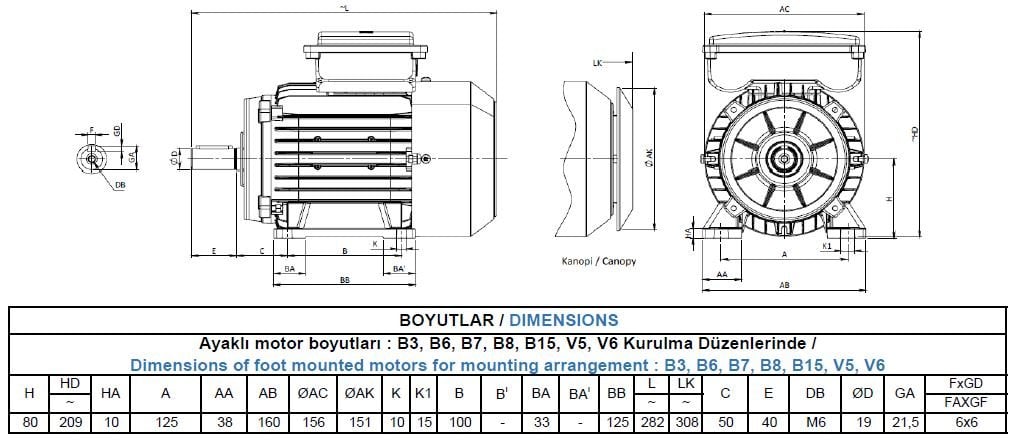 MS22D 80 M2C Gamak Alüminyum B3 Monofaze Elektrik Motoru Ölçüleri