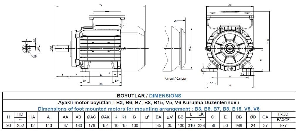 MS22D 90 S2C Gamak Alüminyum B3 Monofaze Elektrik Motoru Ölçüleri