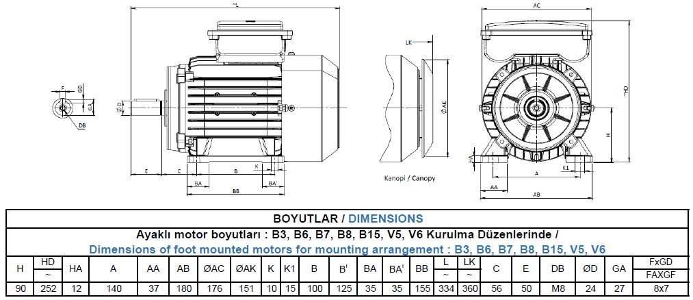 MS22D 90 L2E Gamak Alüminyum B3 Monofaze Elektrik Motoru Ölçüleri