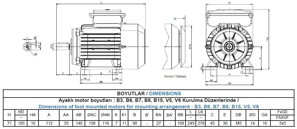 MS22D 71 M4A Gamak Alüminyum B3 Monofaze Elektrik Motoru Ölçüleri
