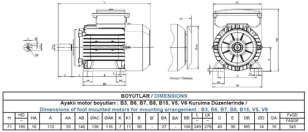 MS22D 71 M4B Gamak Alüminyum B3 Monofaze Elektrik Motoru Ölçüleri