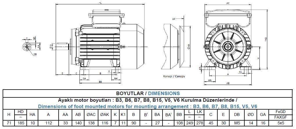 MS22D 71 M4C Gamak Alüminyum B3 Monofaze Elektrik Motoru Ölçüleri