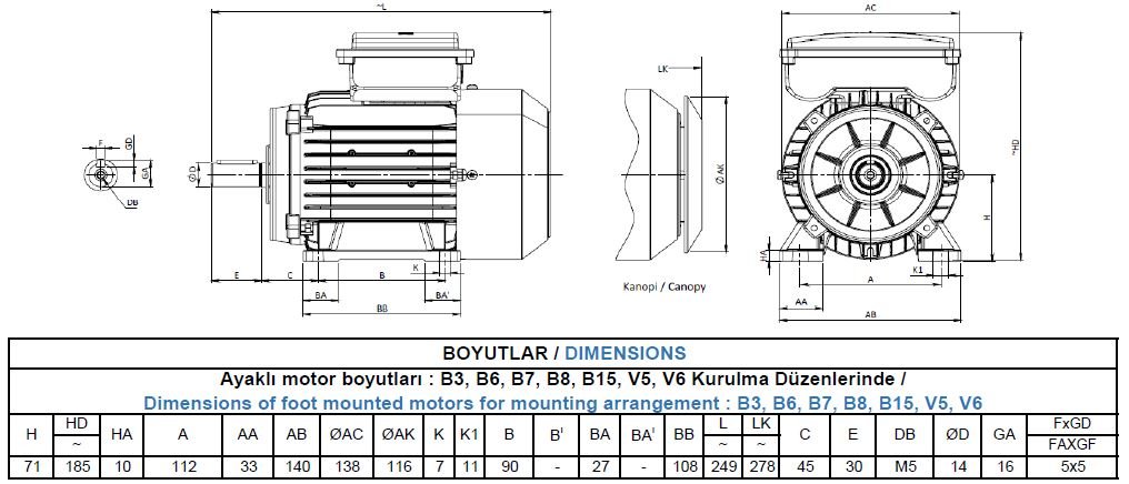 MS22D 71 M4D Gamak Alüminyum B3 Monofaze Elektrik Motoru Ölçüleri