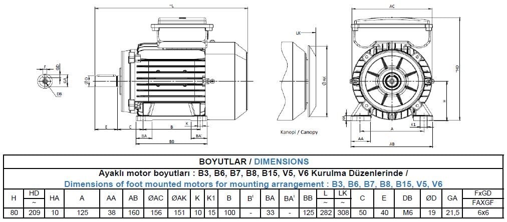 MS22D 80 M4B Gamak Alüminyum B3 Monofaze Elektrik Motoru Ölçüleri