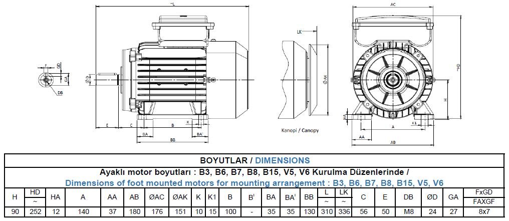 MS22D 90 S4C Gamak Alüminyum B3 Monofaze Elektrik Motoru Ölçüleri