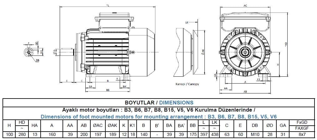 MS22D 100 L4B Gamak Alüminyum B3 Monofaze Elektrik Motoru Ölçüleri