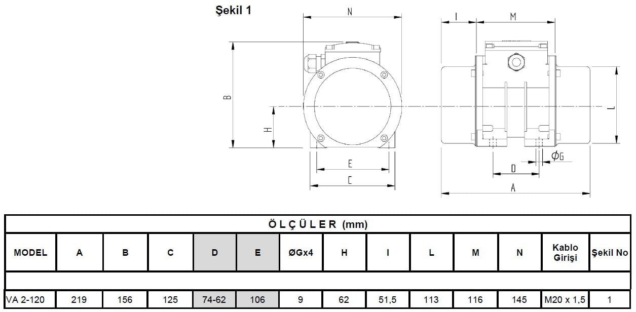 Miksan VA 2-120 vibrasyon motoru ölçüleri