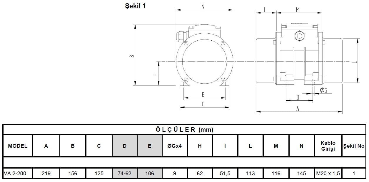 Miksan VA 2-200 vibrasyon motoru ölçüleri