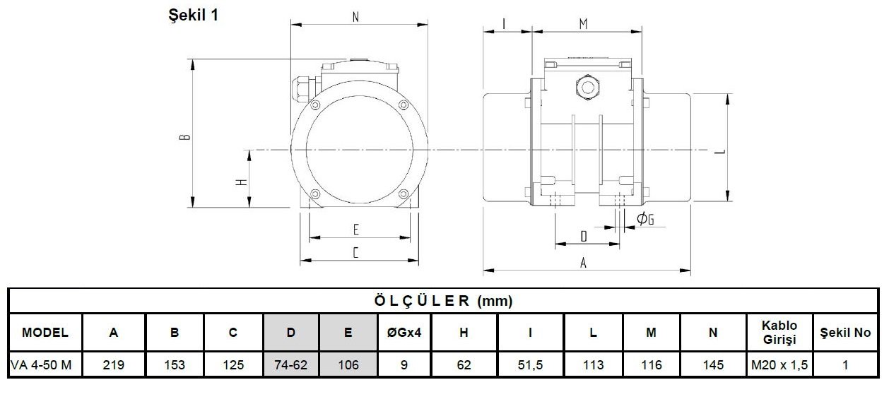 Miksan VA 4-50M monofaze vibrasyon motoru ölçüleri