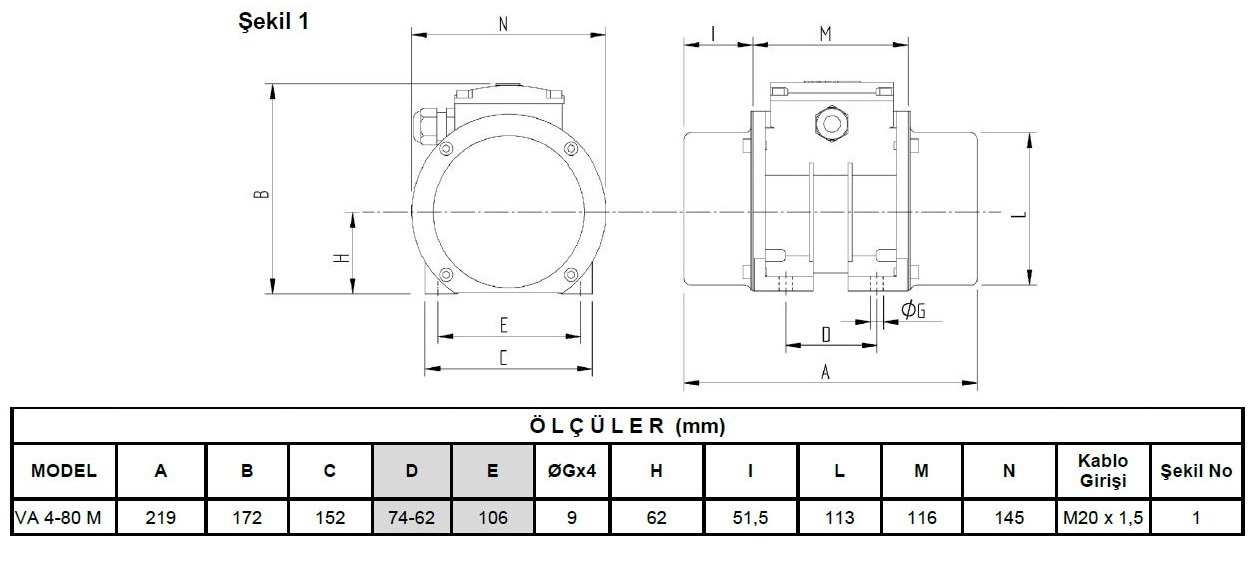 Miksan VA 4-80M monofaze vibrasyon motoru ölçüleri