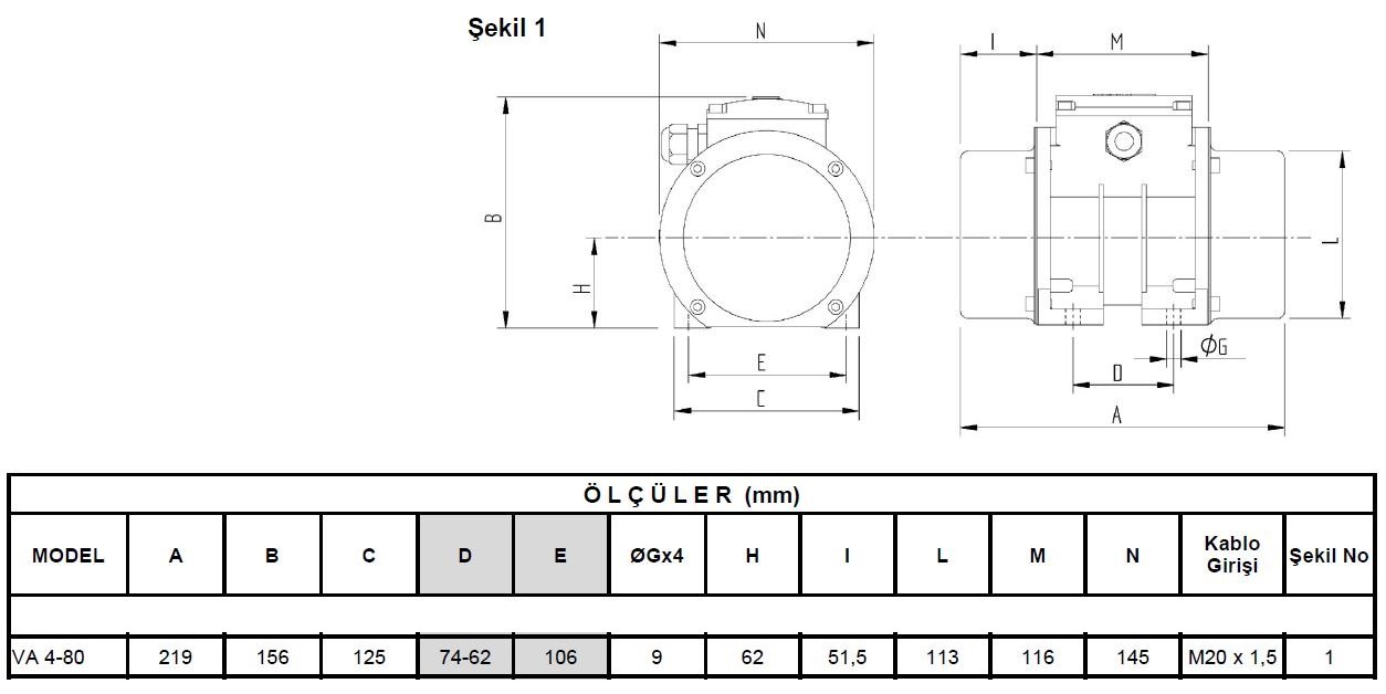 Miksan VA 4-80 vibrasyon motoru ölçüleri
