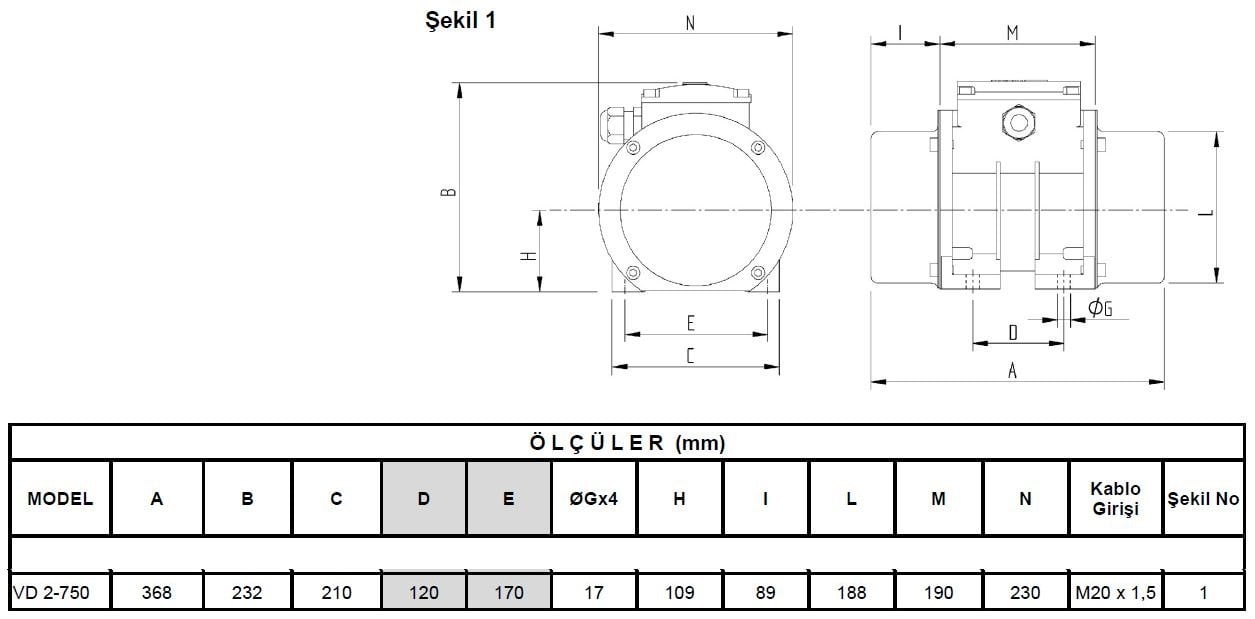 Miksan VD 2-750 vibrasyon motoru ölçüleri