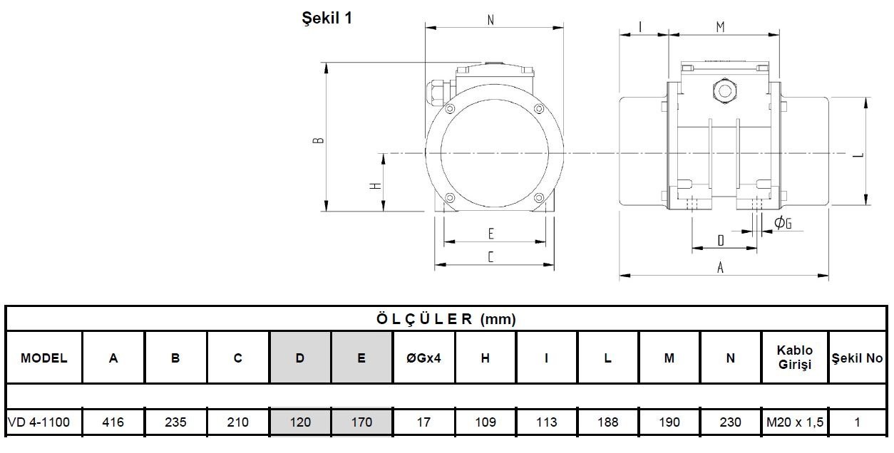 Miksan VD 4-1100 vibrasyon motoru ölçüleri