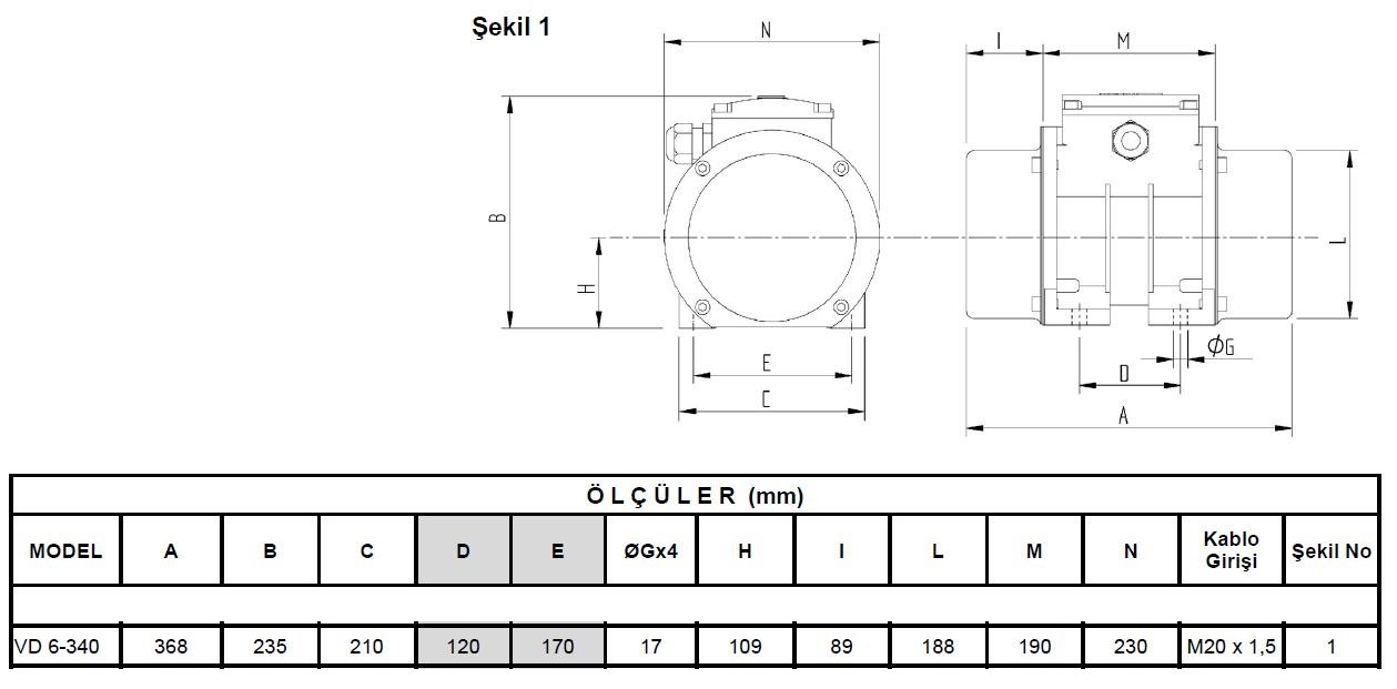 Miksan VD 6-340 vibrasyon motoru ölçüleri