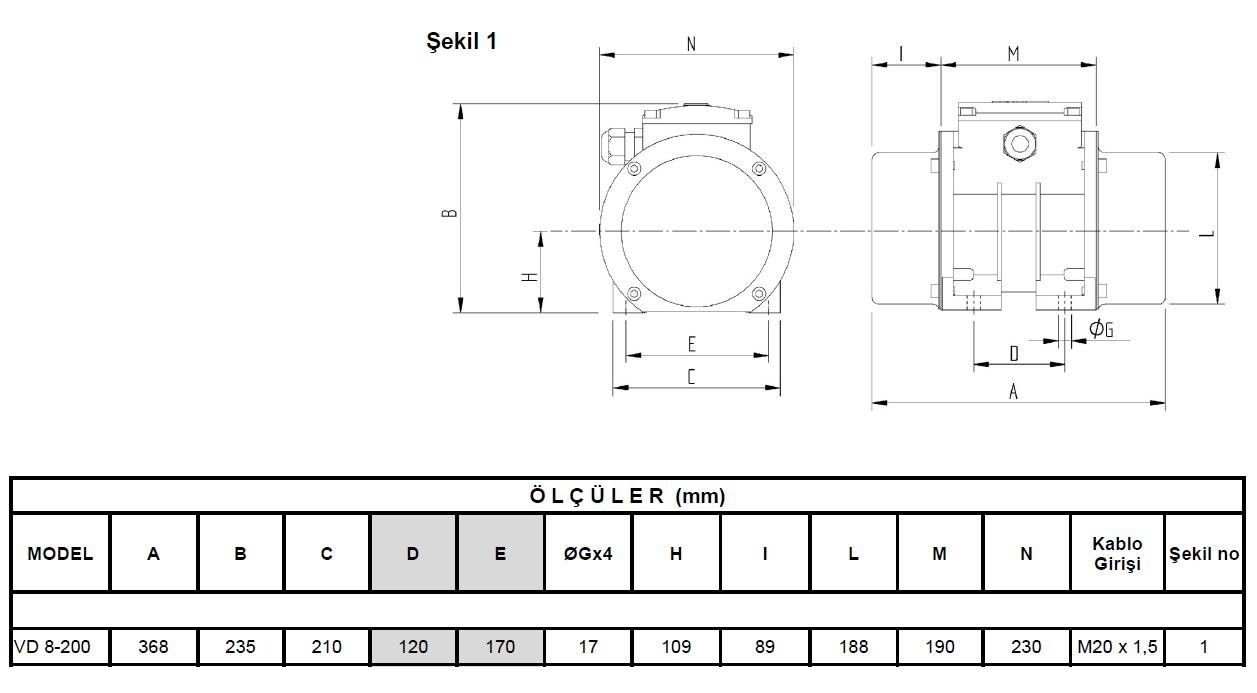 Miksan VD 8-200 vibrasyon motoru ölçüleri