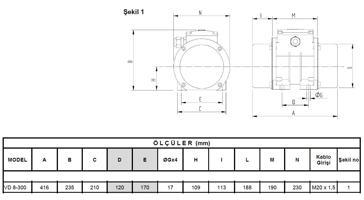 Miksan VD 8-300 vibrasyon motoru ölçüleri