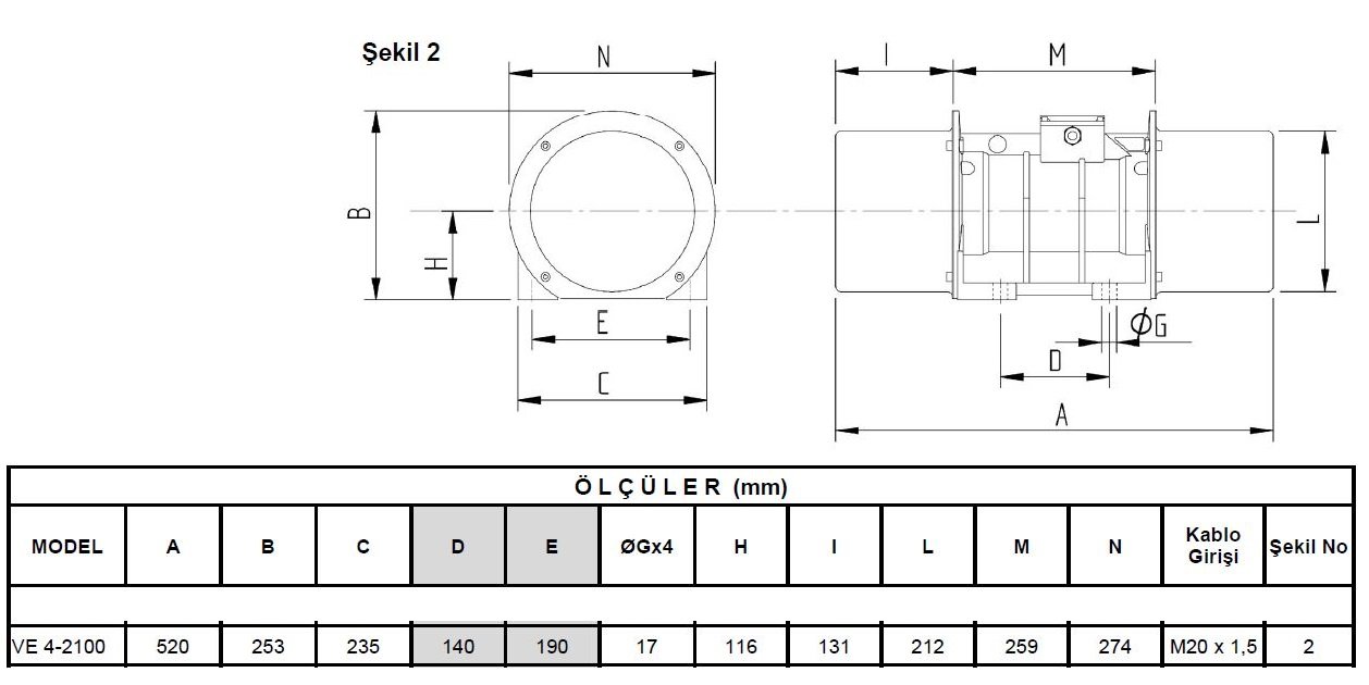Miksan VE 4-2100 vibrasyon motoru ölçüleri