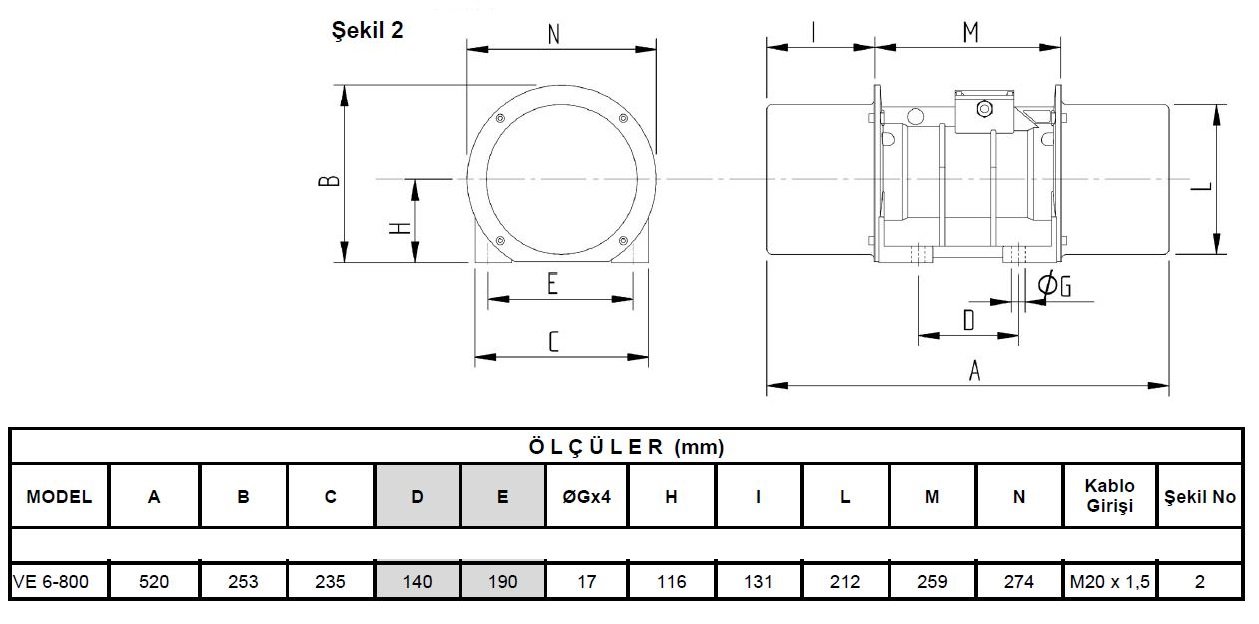Miksan VE 6-800 vibrasyon motoru ölçüleri