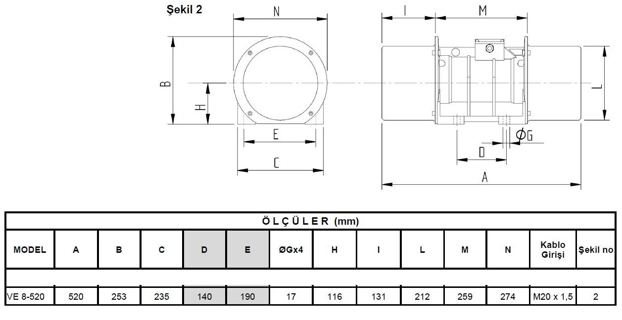 Miksan VE 8-520 vibrasyon motoru ölçüleri