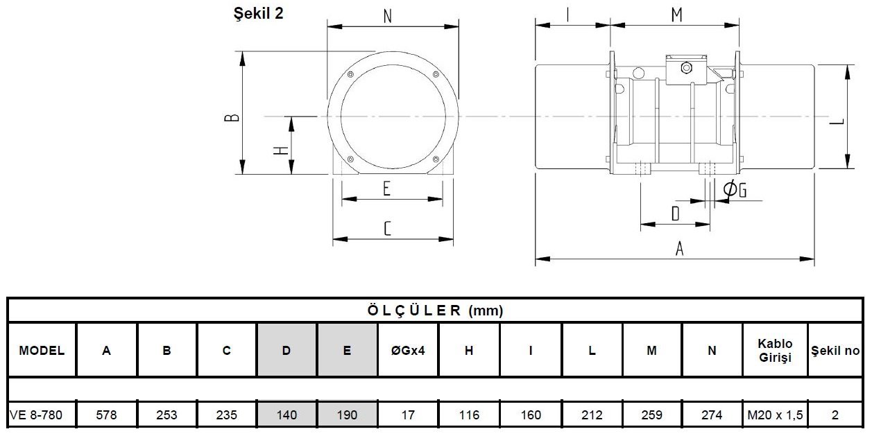Miksan VE 8-780 vibrasyon motoru ölçüleri