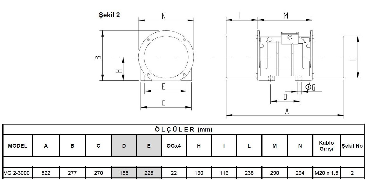 Miksan VG 2-3000 vibrasyon motoru ölçüleri