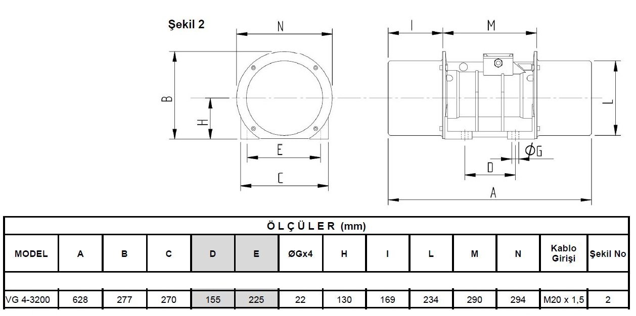 Miksan VG 4-3200 vibrasyon motoru ölçüleri