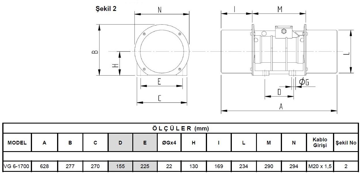Miksan VG 6-1700 vibrasyon motoru ölçüleri
