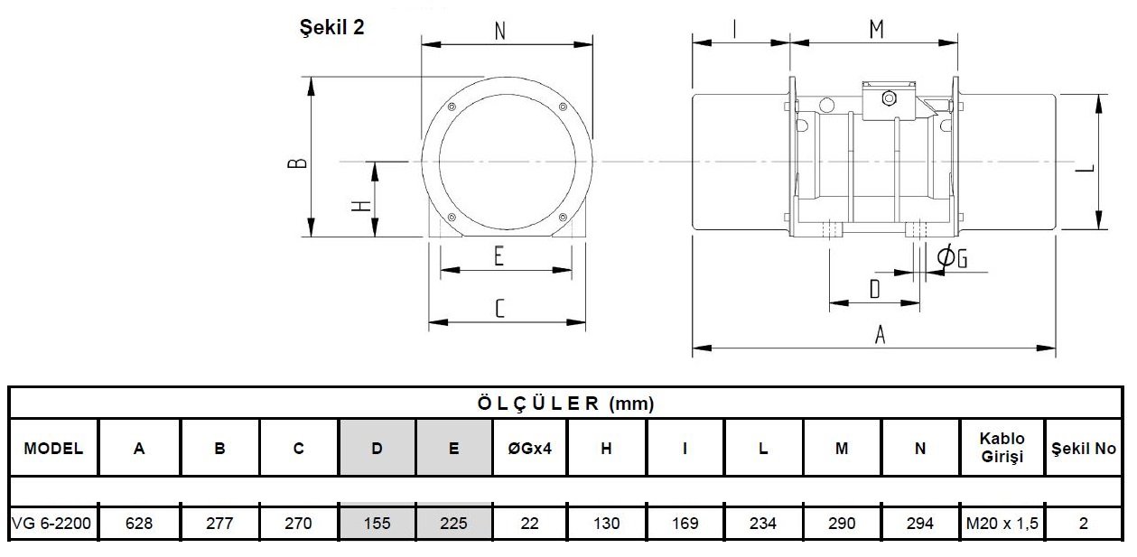 Miksan VG 6-2200 vibrasyon motoru ölçüleri