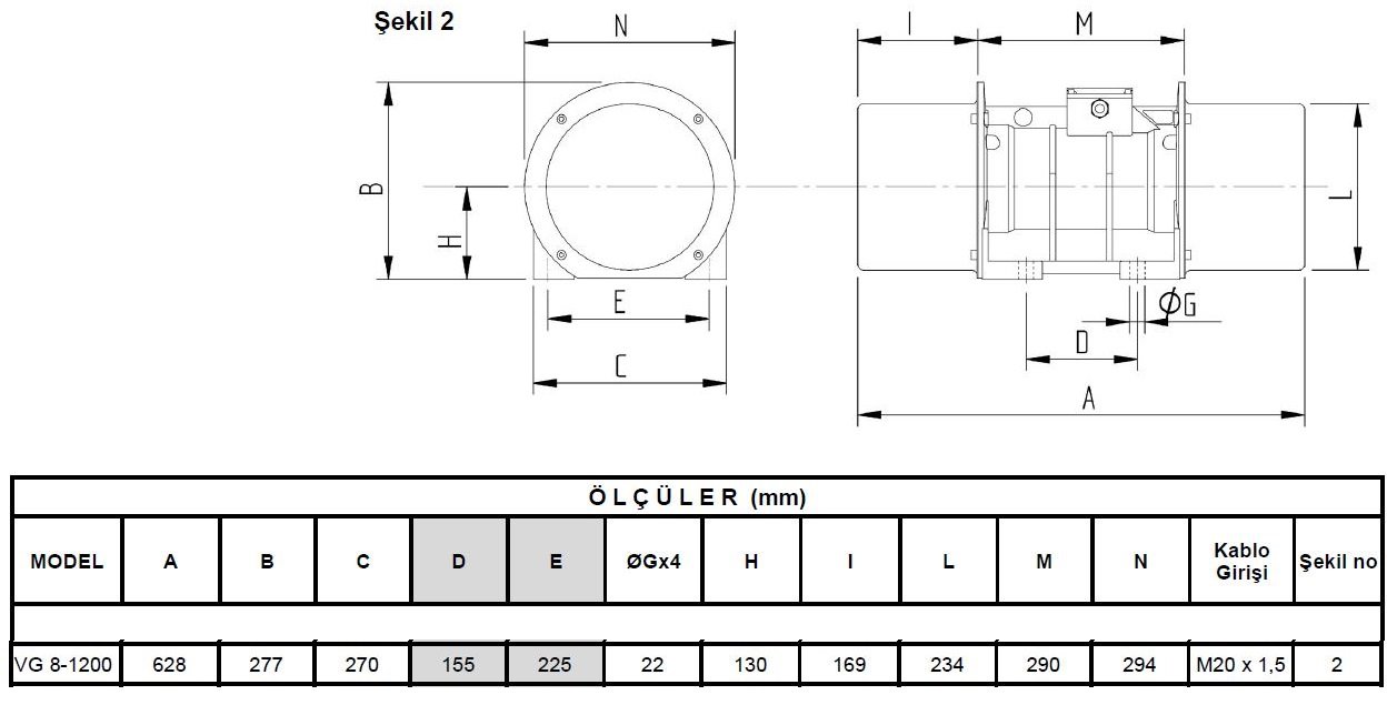 Miksan VG 8-1200 vibrasyon motoru ölçüleri